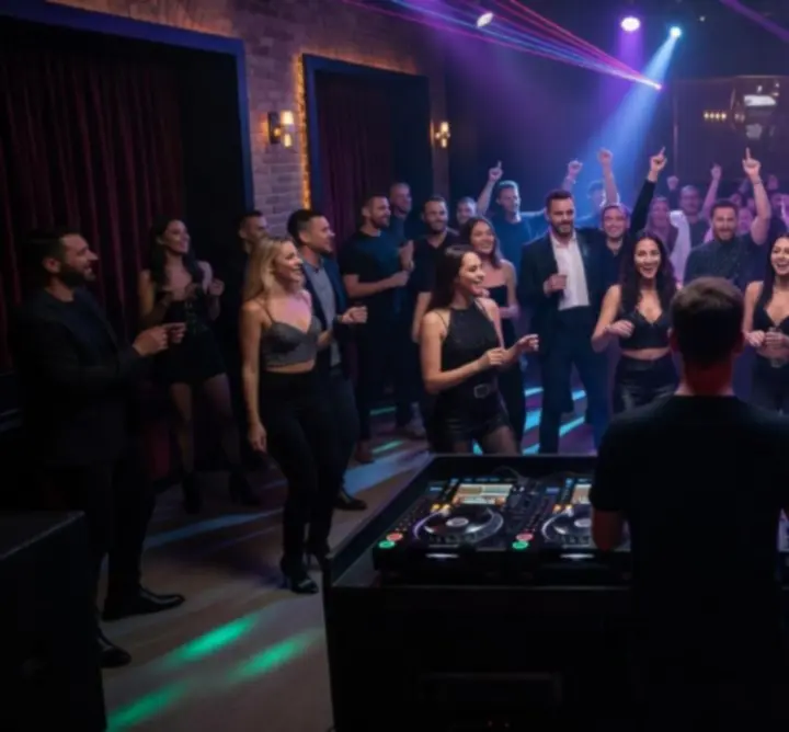 DJ pult és táncoló tömeg éjszakai klubhangulatban