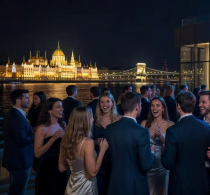 Budapesti éjszakai városkép fényekkel és szórakozóhelyekkel