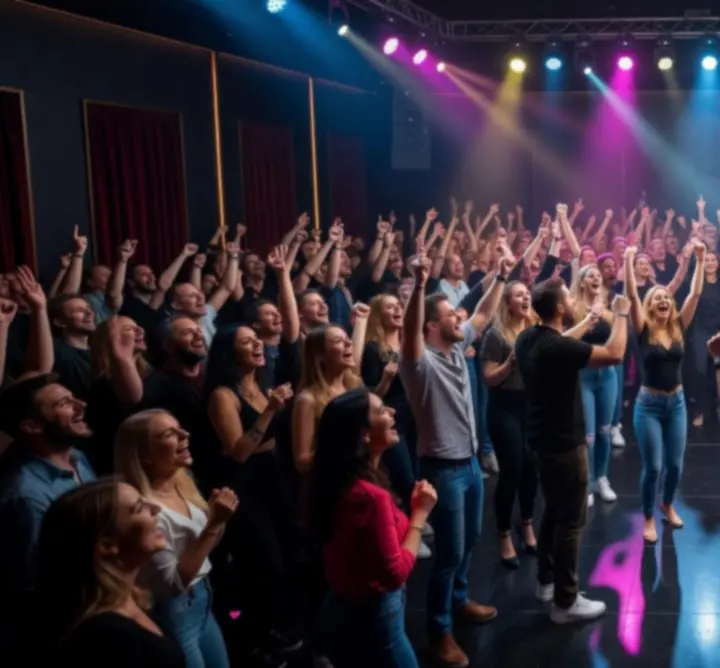 Élő koncert hangulata fényekkel és zenekarral a színpadon