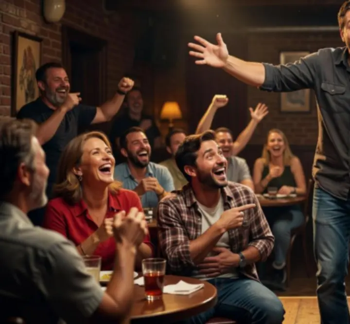 Stand-up comedy est jókedvű, nevető közönséggel egy klubhelyszínen