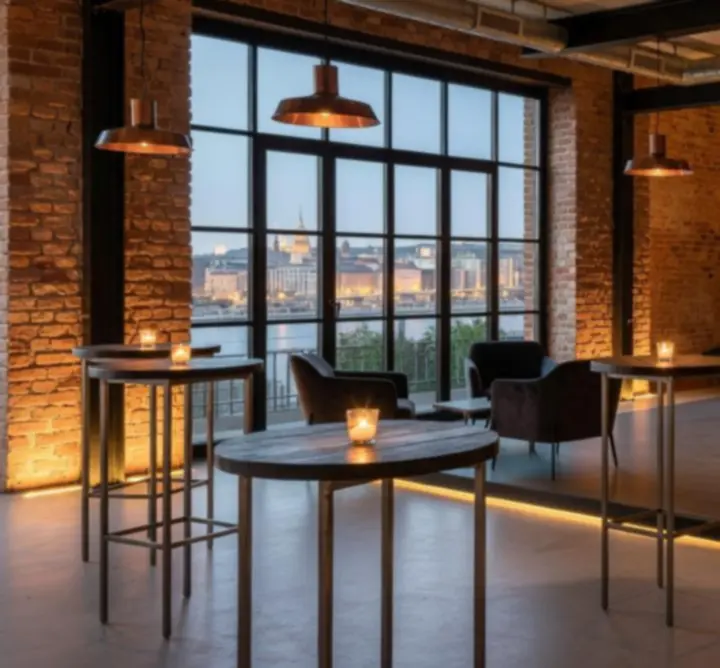 Modern budapesti loft rendezvényhelyszín hangulatos megvilágítással